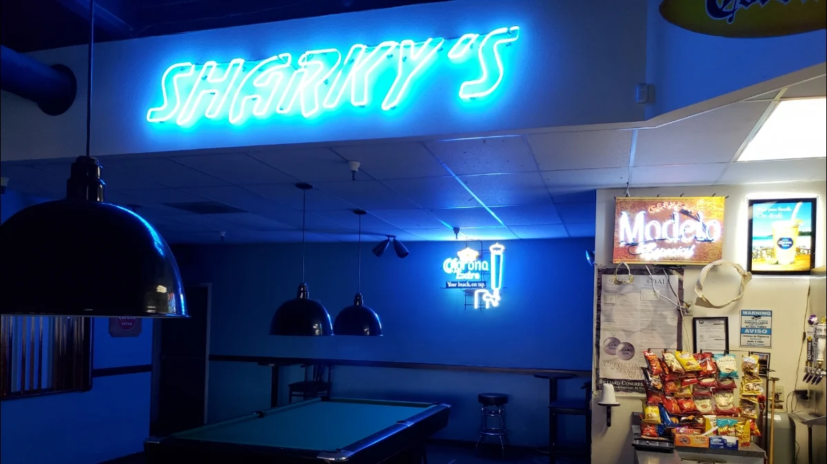 Sharky's Billiards pool hall exterior/interior