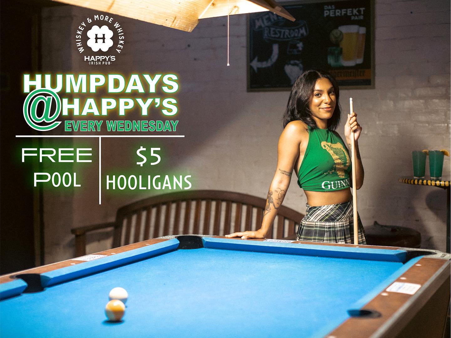 Happy's Irish Pub pool hall exterior/interior