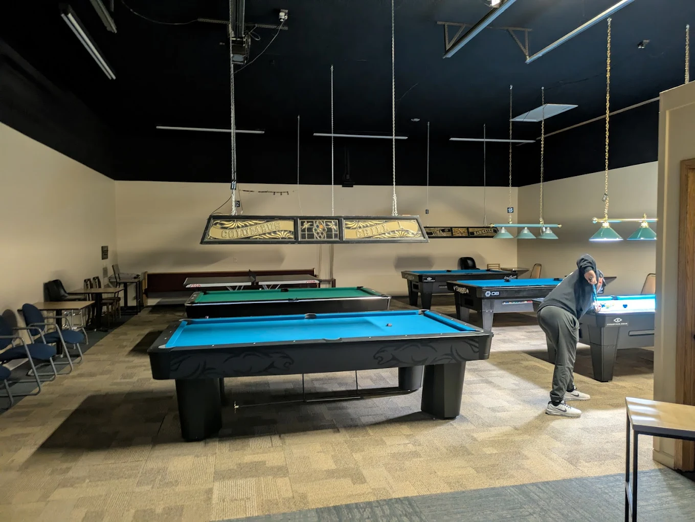 Drumms Family Billiards pool hall exterior/interior