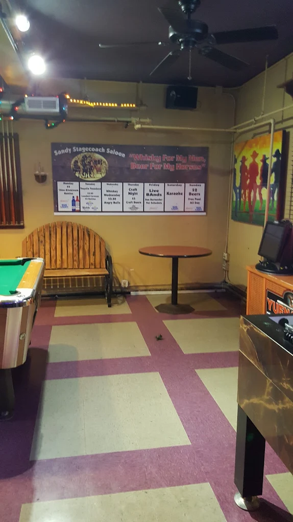 Sandy's Stagecoach Saloon pool hall exterior/interior